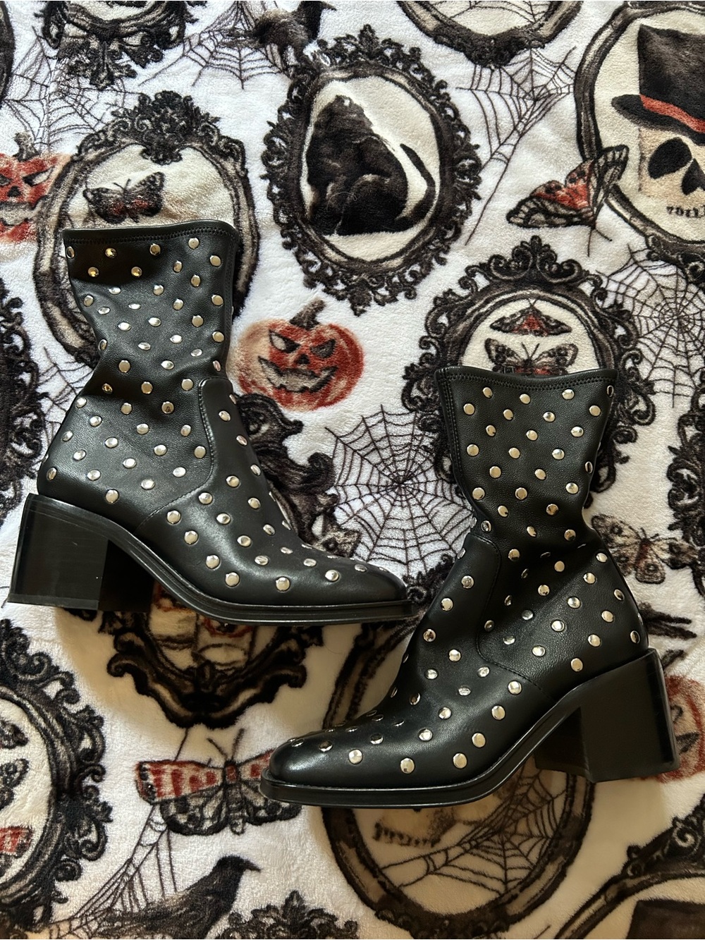 Loeffler Randall Black Studded Leather Block Heel Ankle Boots